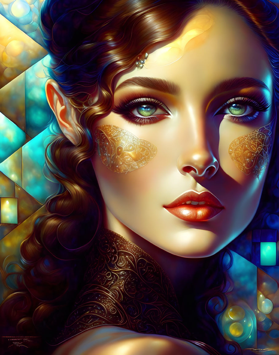 Intricate golden patterns on woman with luminescent butterfly wings