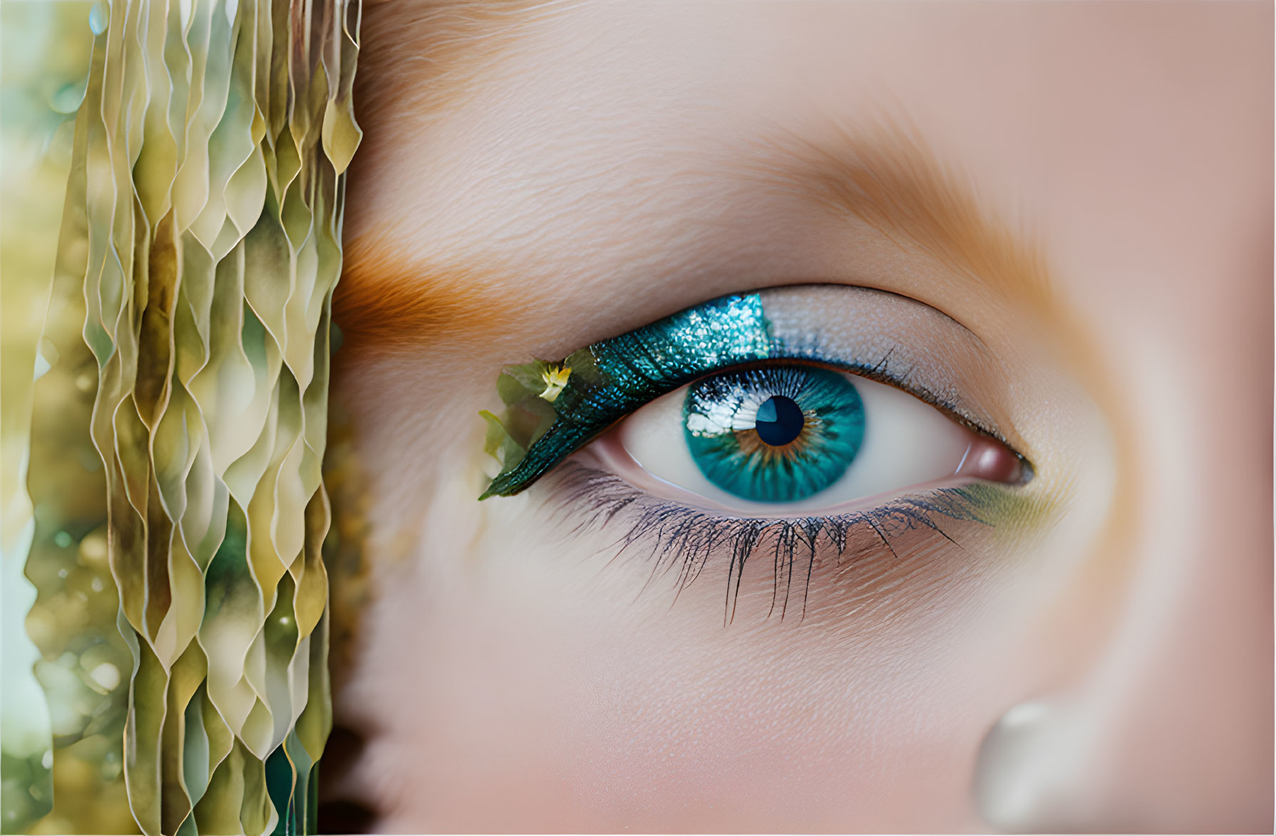 Blue eye with green eyeshadow and gold sequin curtain close-up.