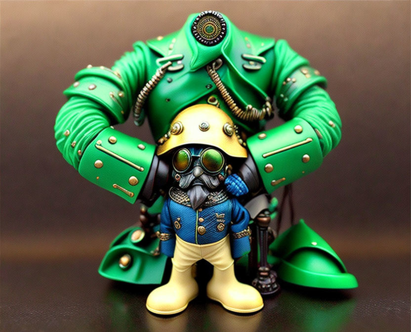 Steampunk character figurine in green jacket and goggles on blurred background