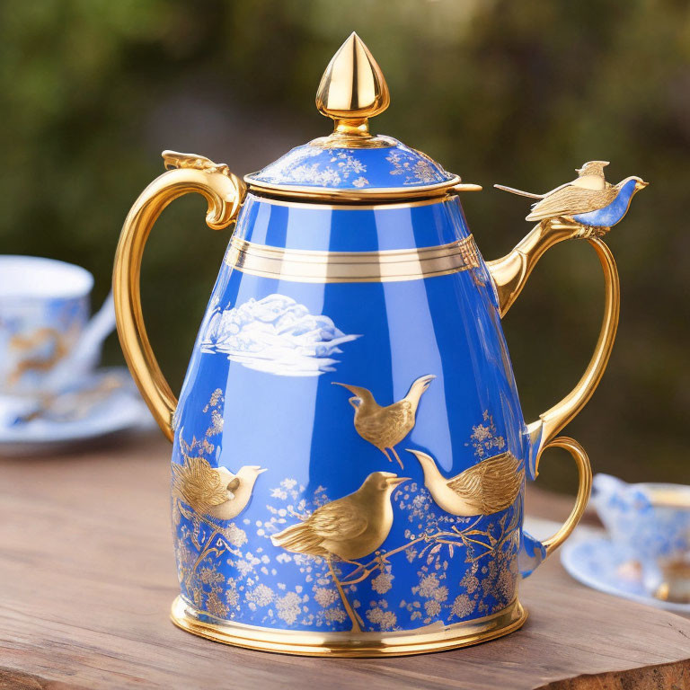 Blue and Gold Bird Motif Teapot and Cups on Wooden Table