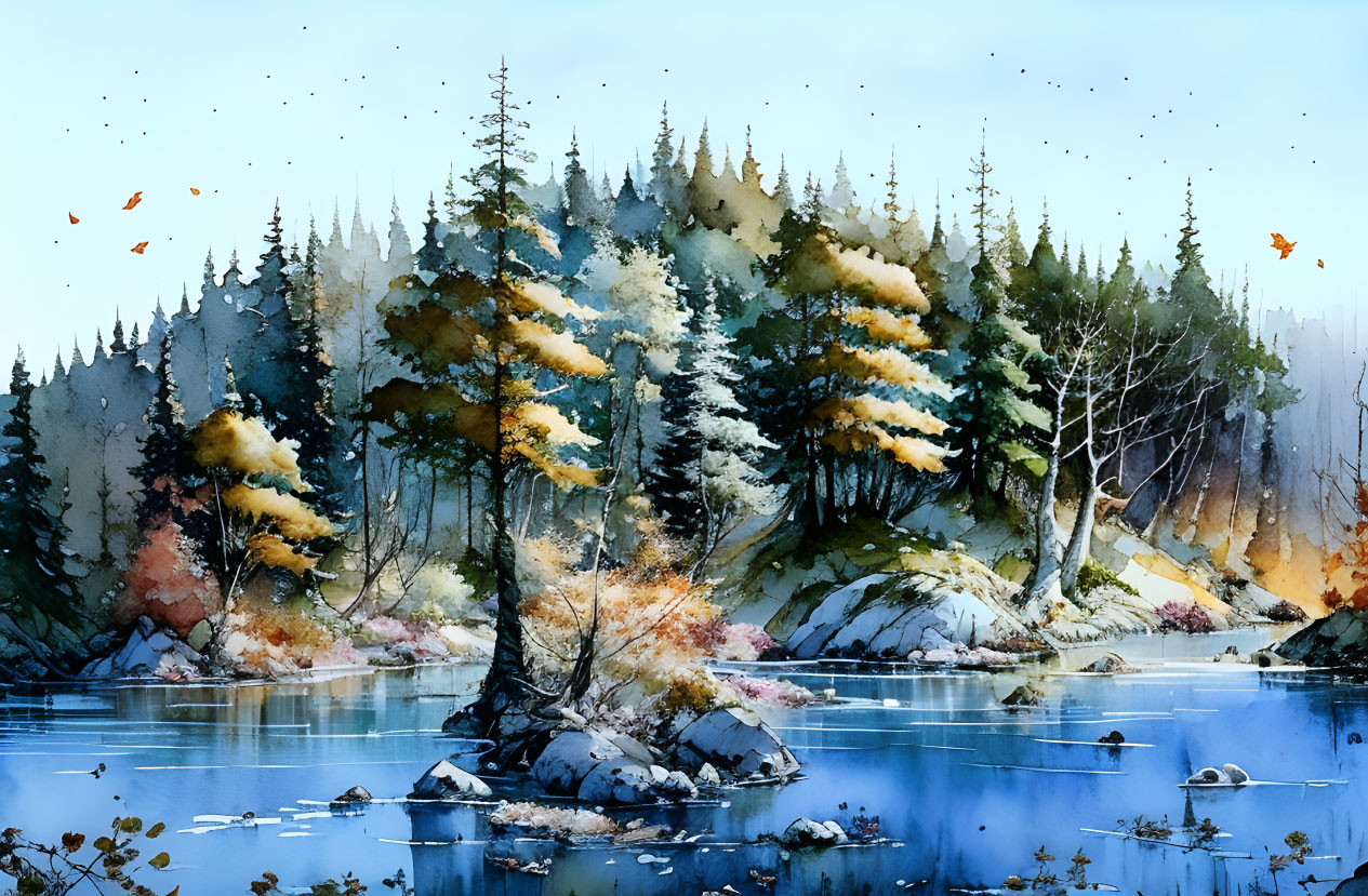 Tranquil watercolor landscape of serene lake and autumnal forest