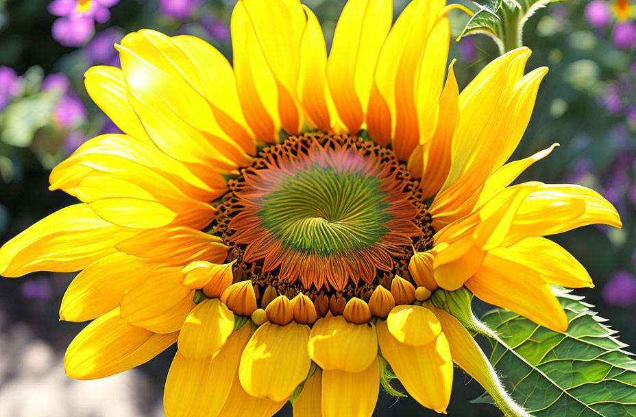 Close-up of vibrant sunflower with yellow petals and green center on blurred floral background