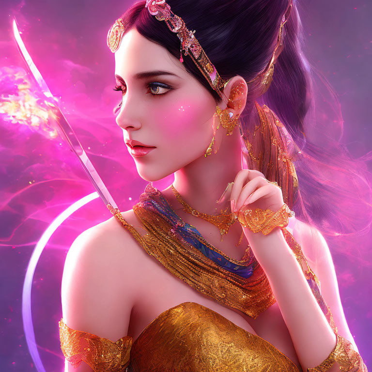 Digital art portrait: Elf woman with golden jewelry, pink spear, whimsical purple background