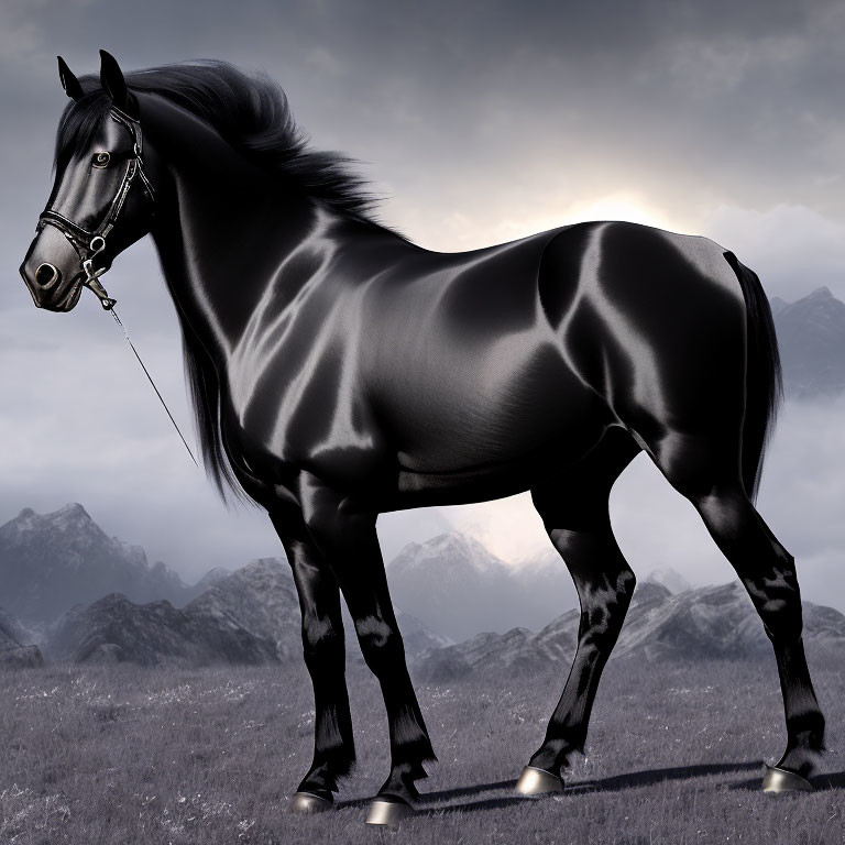 Shiny black horse with groomed mane in misty mountain backdrop