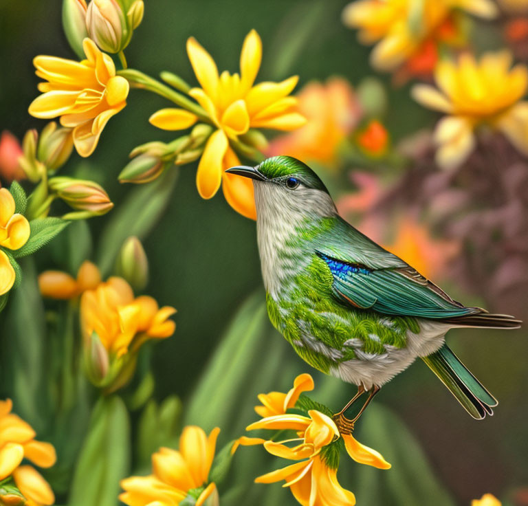 Colorful bird surrounded by yellow flowers on soft-focus backdrop