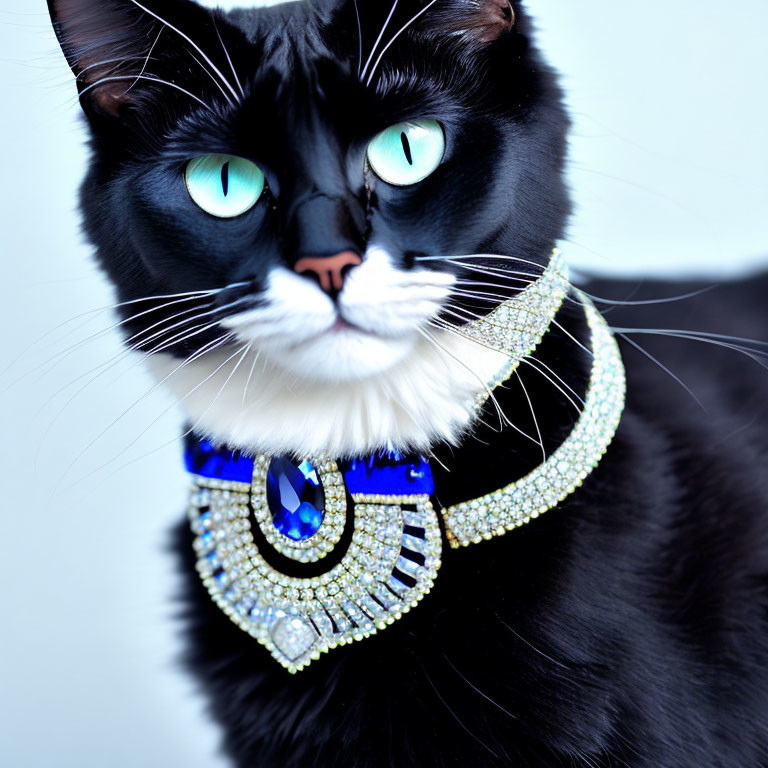 Black Cat with Blue Eyes and Jeweled Necklace