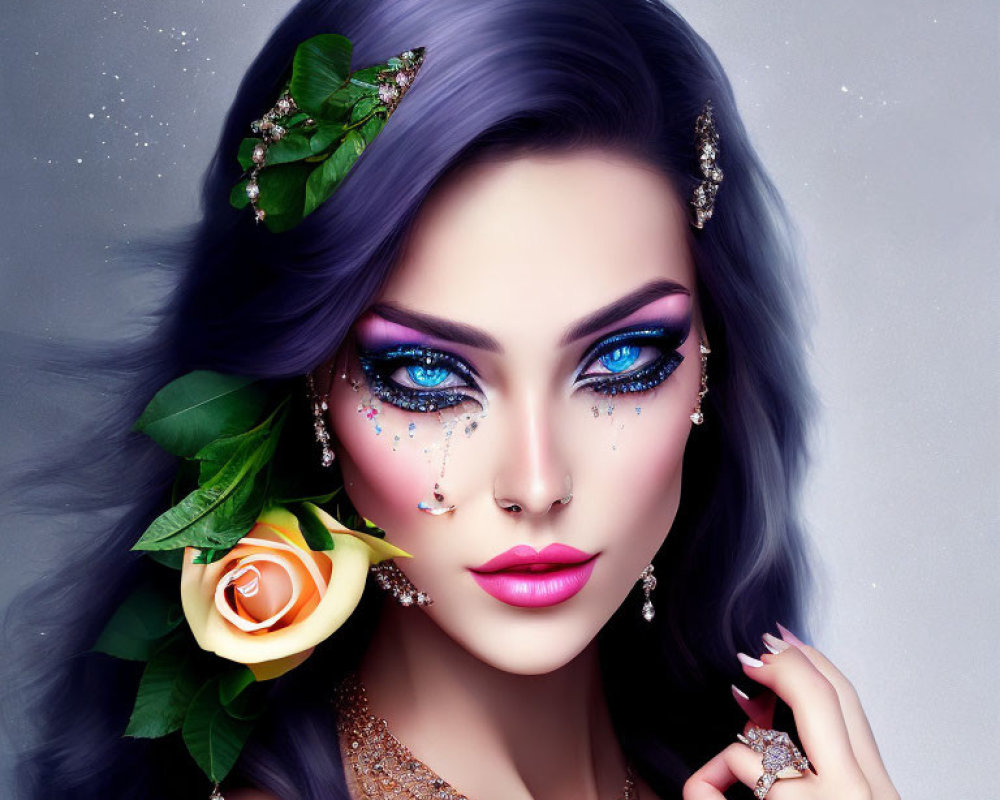 Portrait of woman with purple hair, blue eye makeup, yellow rose, and jewelry