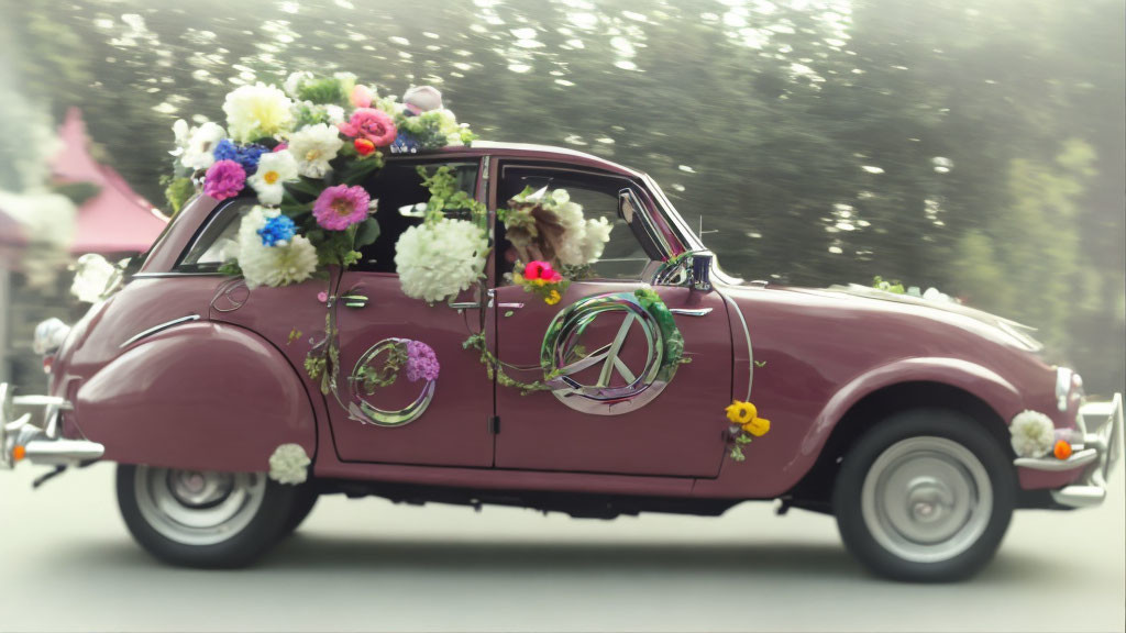 Vintage Car Adorned with Colorful Flowers in Motion