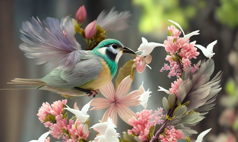 Colorful Bird Hovering Near Pink Blossoms on Blurred Background