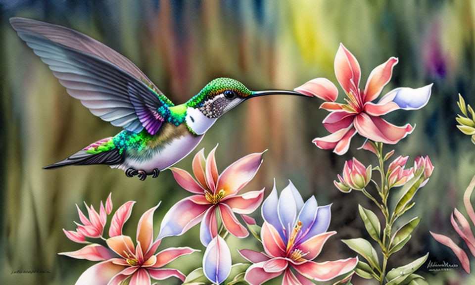 Colorful hummingbird near pink flowers in greenery