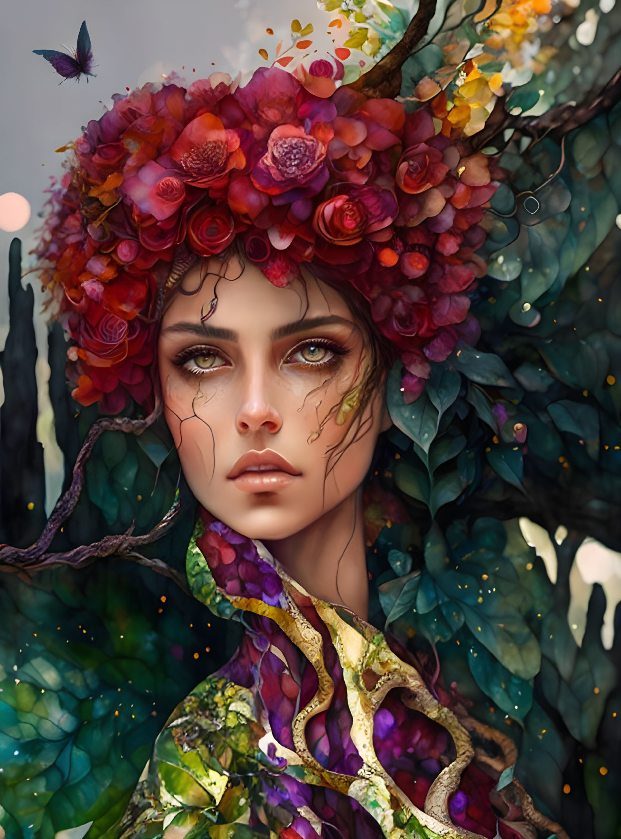 Detailed Digital Artwork: Woman with Floral Crown, Roses, Tears, Foliage, and Butterfly