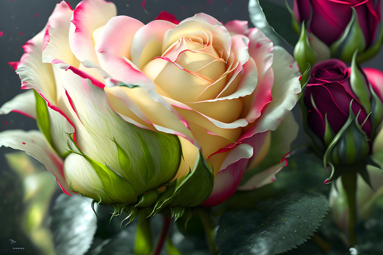 Colorful digital artwork of blooming rose with pink-tipped petals and green leaves.