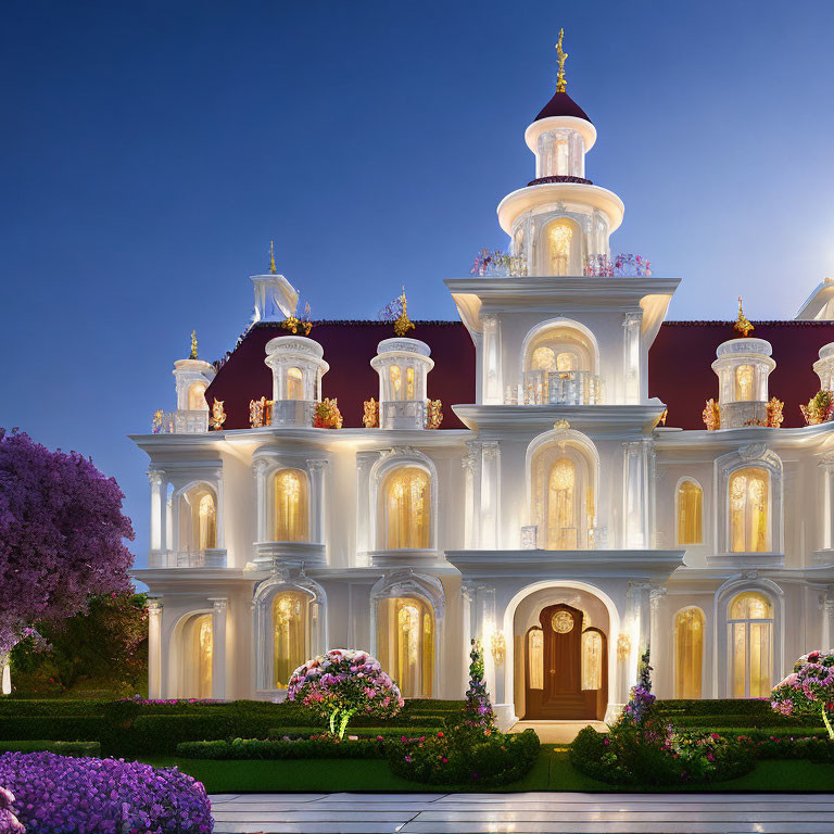 Elegant white multi-tiered building with golden accents in dusk setting