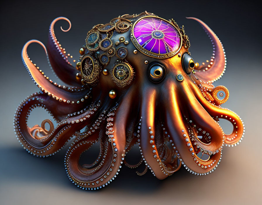 Steampunk-style octopus with metallic gears and vibrant purple eye on blurred background