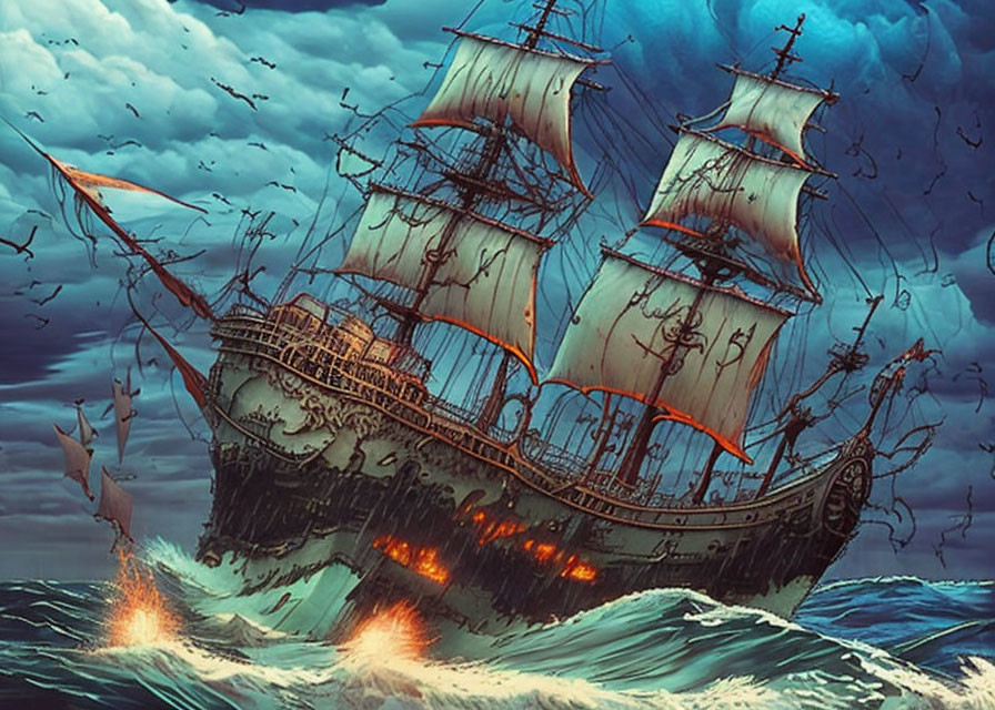 Illustration of burning pirate ship in stormy seas.