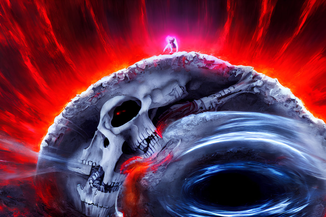 Person standing on skeletal landform under swirling blue vortex and red skies