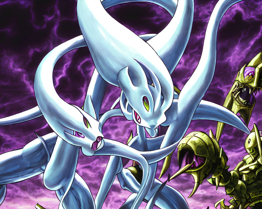 Illustration of Blue-Eyes White Dragon with armored warriors in purple cloud backdrop