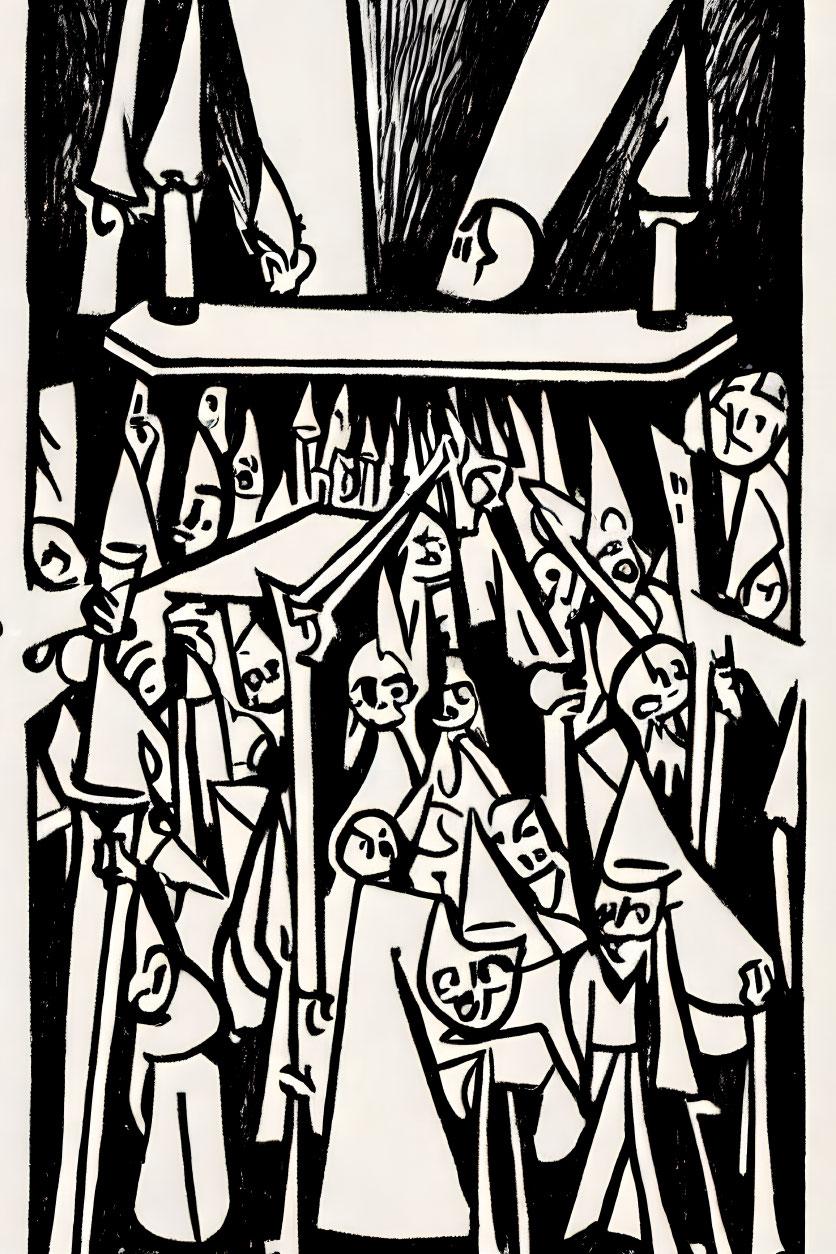 Expressionist Woodcut-Style Image: Anguished Crowd Under Dark Shapes