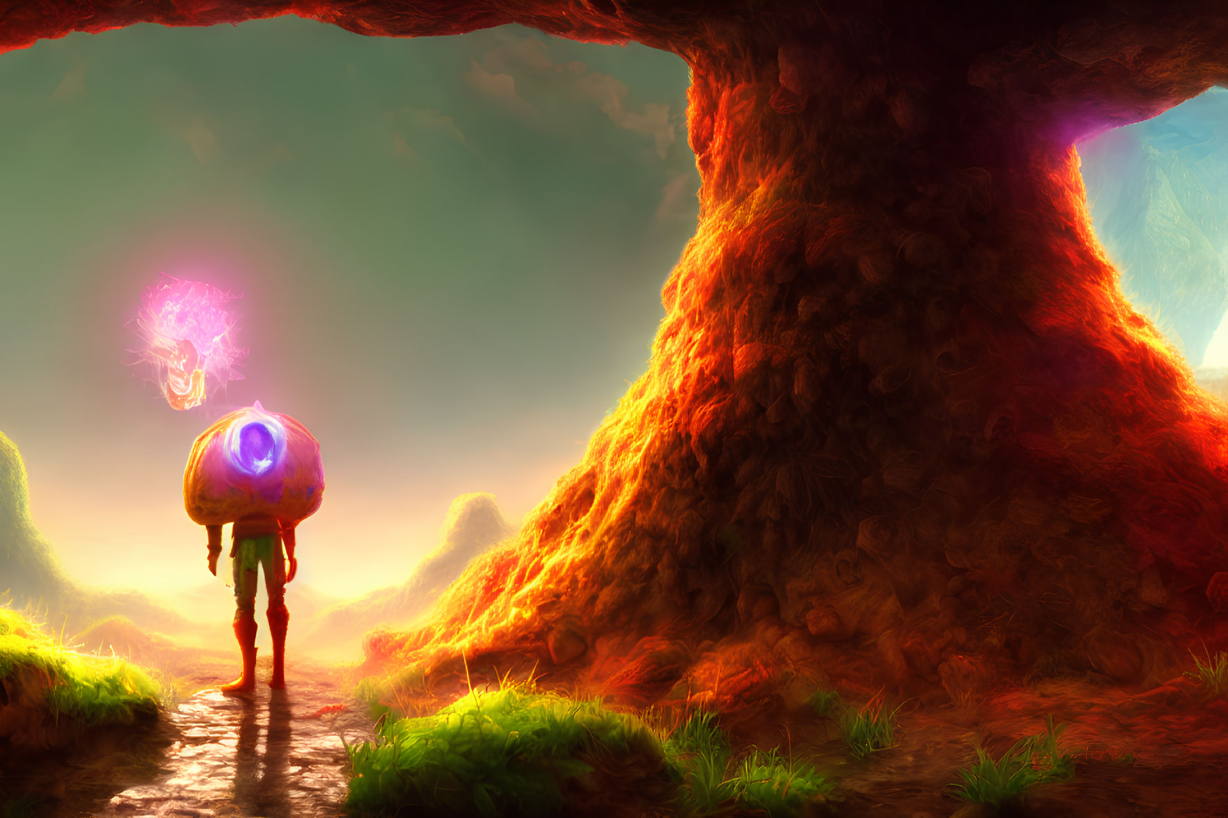 Figure with glowing orb walking towards large tree in colorful, dreamy landscape