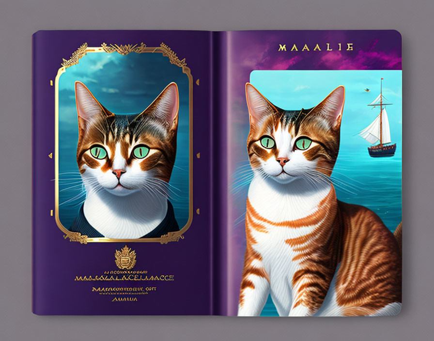 Stylized cat portraits with sea and sailing motifs on open book cover