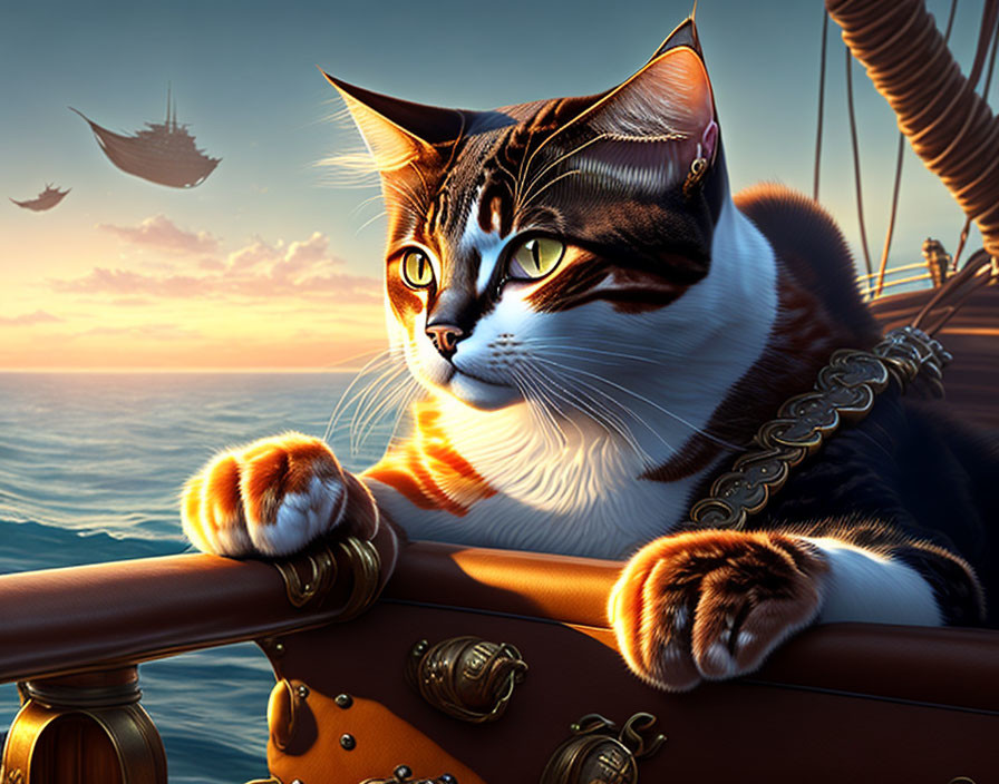 Anthropomorphic cat pirate captain illustration at sunset