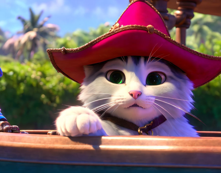 White cat with red hat and golden compass in animated tropical scene