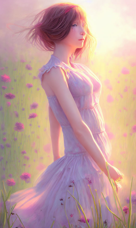 Young woman in pink flower field under warm light