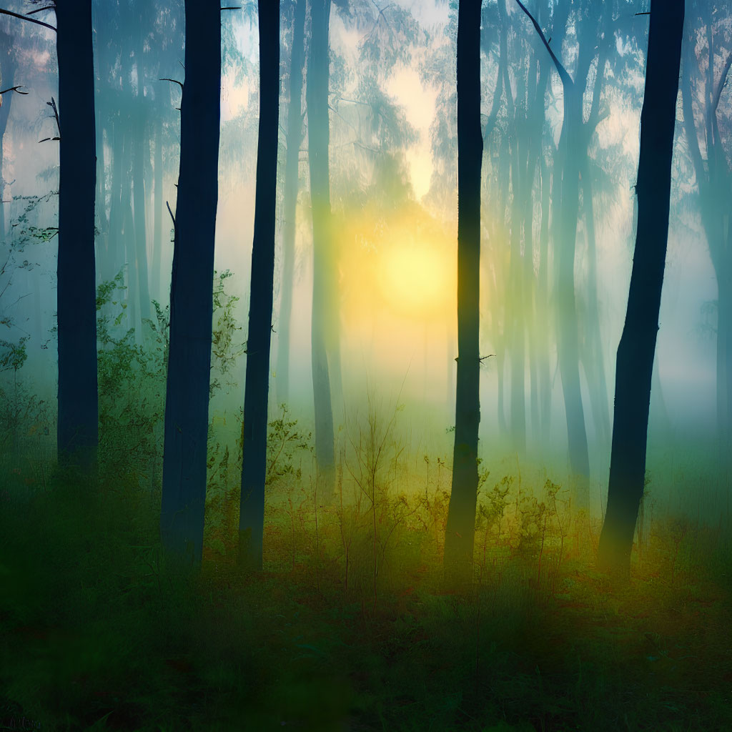 Mystical forest with sunlight filtering through fog