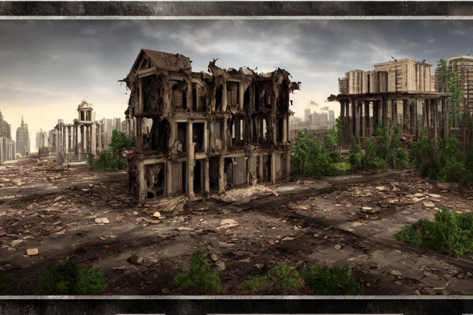 Dilapidated post-apocalyptic cityscape under overcast skies