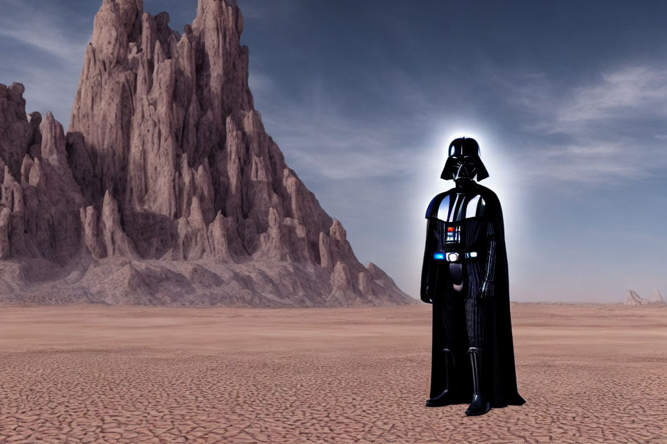 Mysterious figure in Darth Vader-like suit in desert landscape