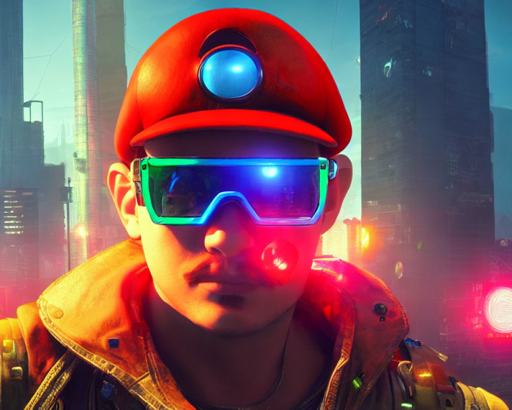 Person in Red Cap and Futuristic Glasses in Front of Neon Cityscape