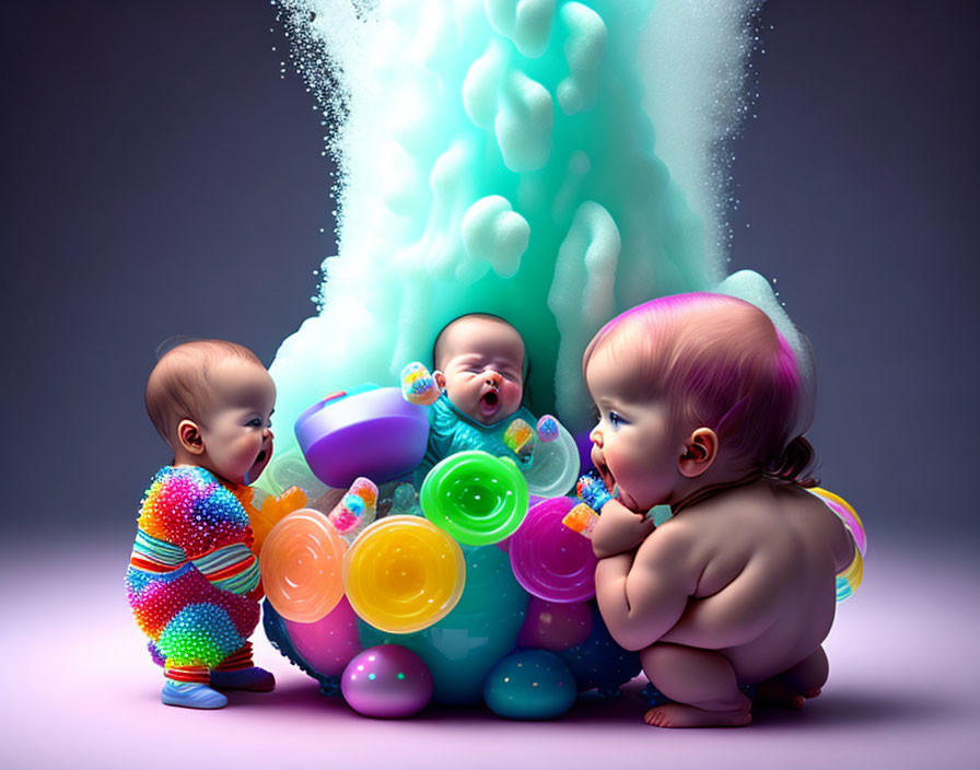 Colorful Bubble Machine Play by Three Cartoon Babies