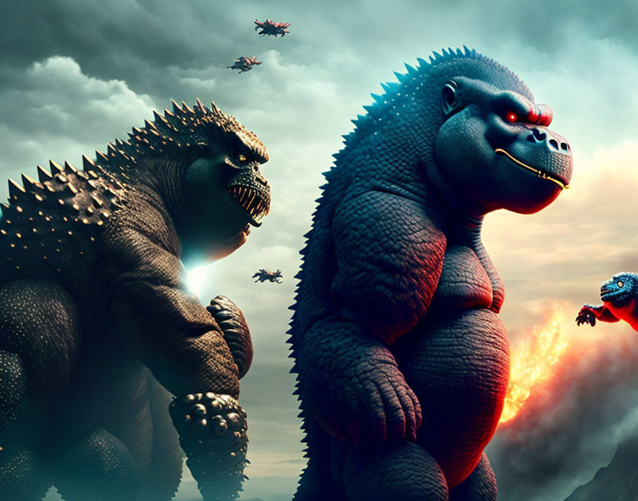 Monstrous Godzilla and King Kong face off in stormy skies