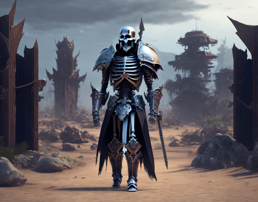 Dark-armored skeleton warrior in gloomy war-torn landscape