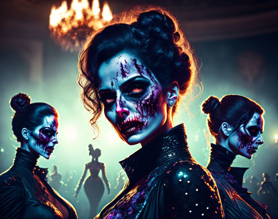 Three women with skull makeup in dim ballroom setting - eerie, elegant masquerade vibe