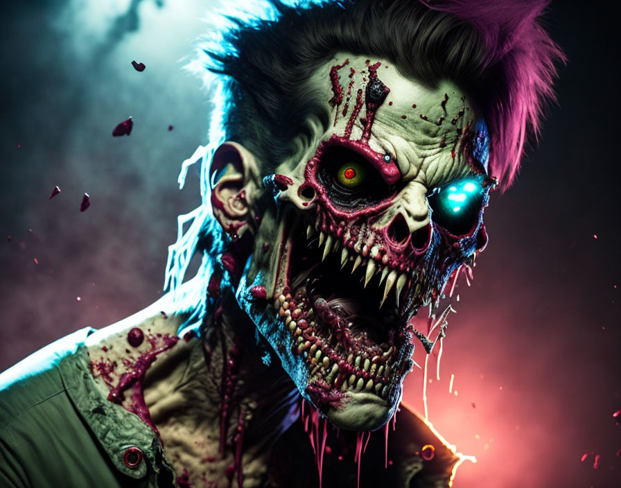 Grotesque zombie with glowing eyes and bloodied face in dark, eerie setting