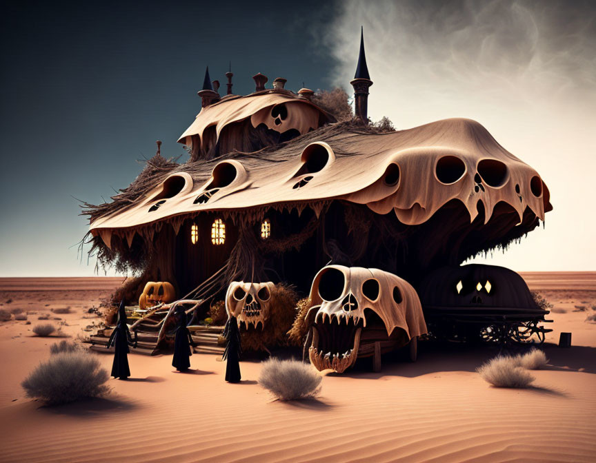 Skull-shaped house in desert with Halloween decor