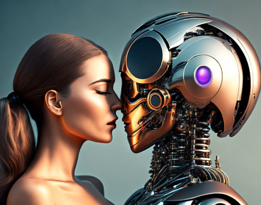 Woman and humanoid robot in intricate detail symbolize humanity and technology.