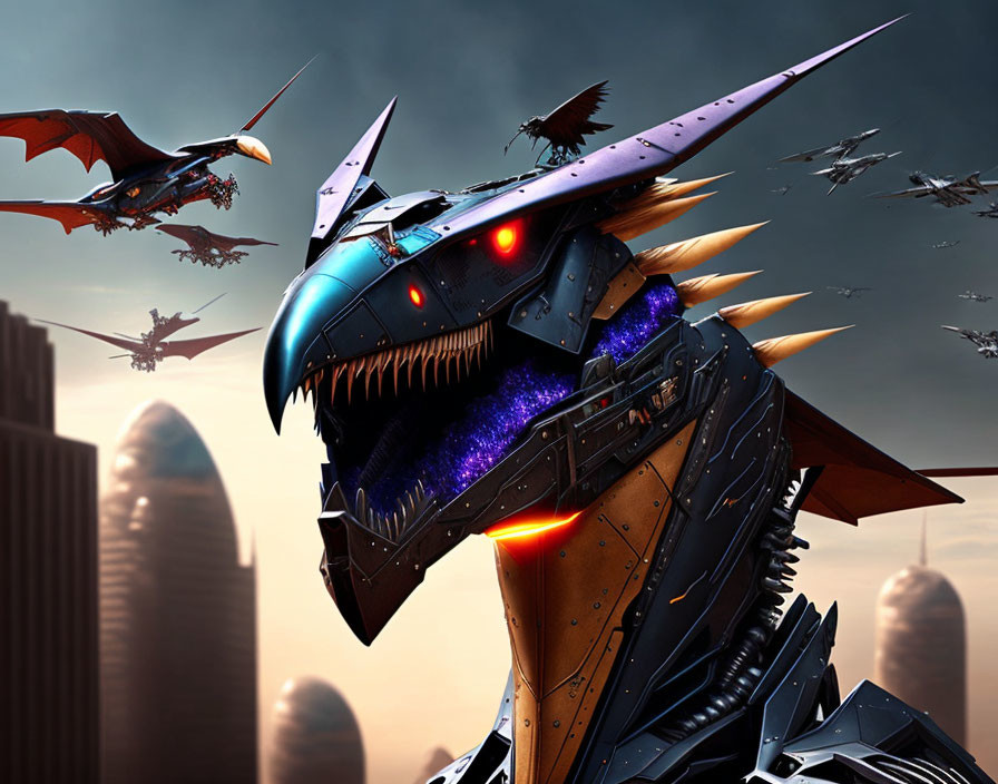 Futuristic robotic dragon with glowing red eyes in city skyline artwork