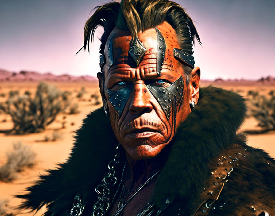 Man with cyberpunk tribal face paint and metallic implants in desert.