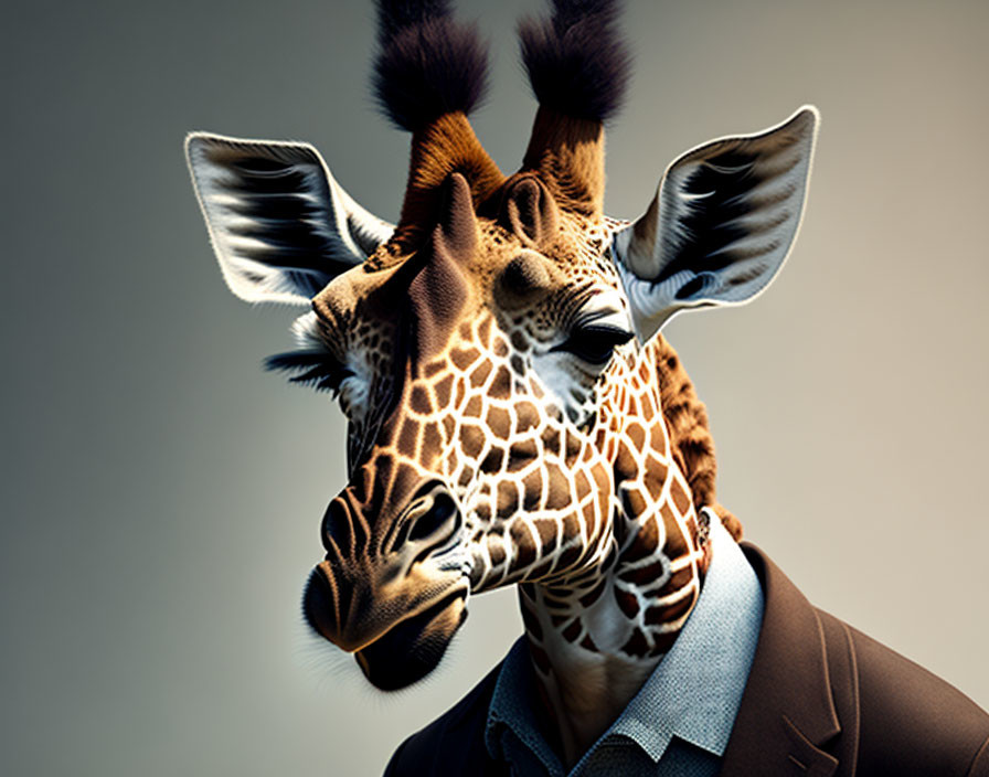 Giraffe with human body in suit against muted background