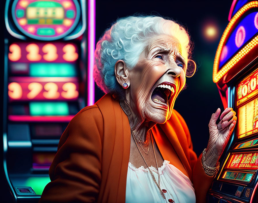 Elderly woman with white hair next to a bright slot machine in a casino