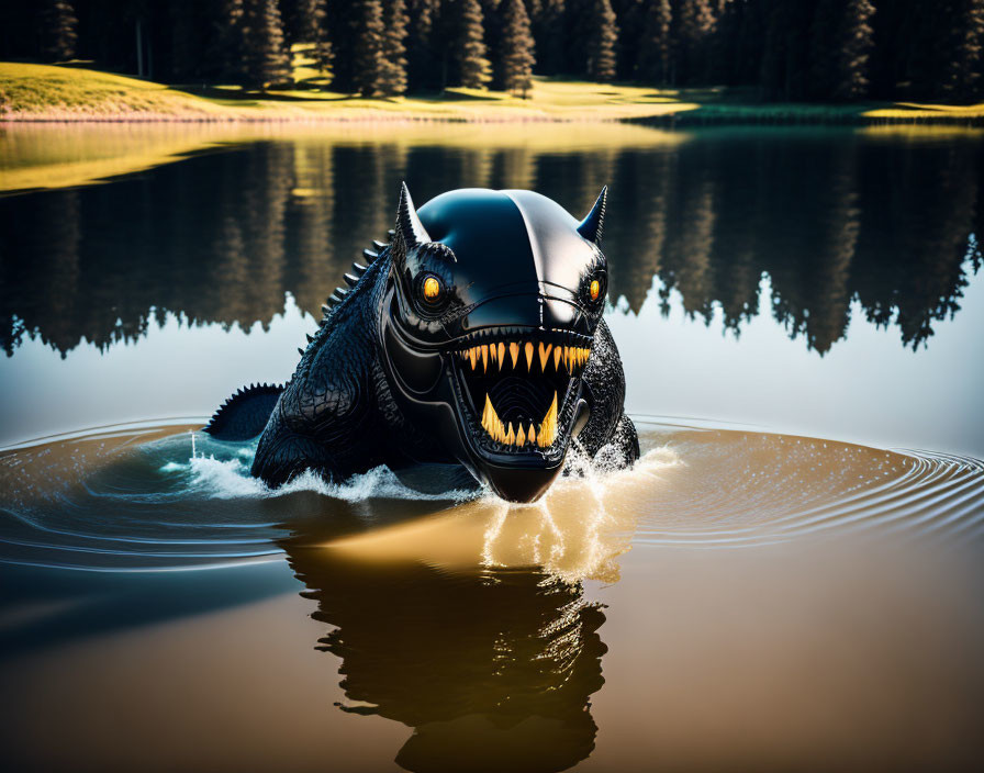 Mechanical shark creature with glowing eyes in lake setting