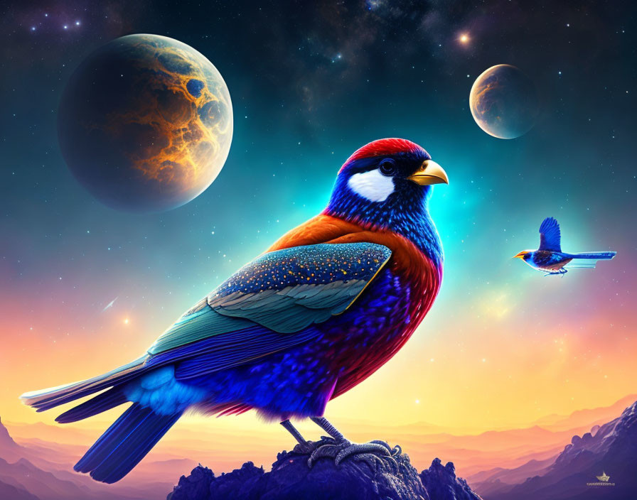 Colorful Bird Perched on Rock in Cosmic Scene