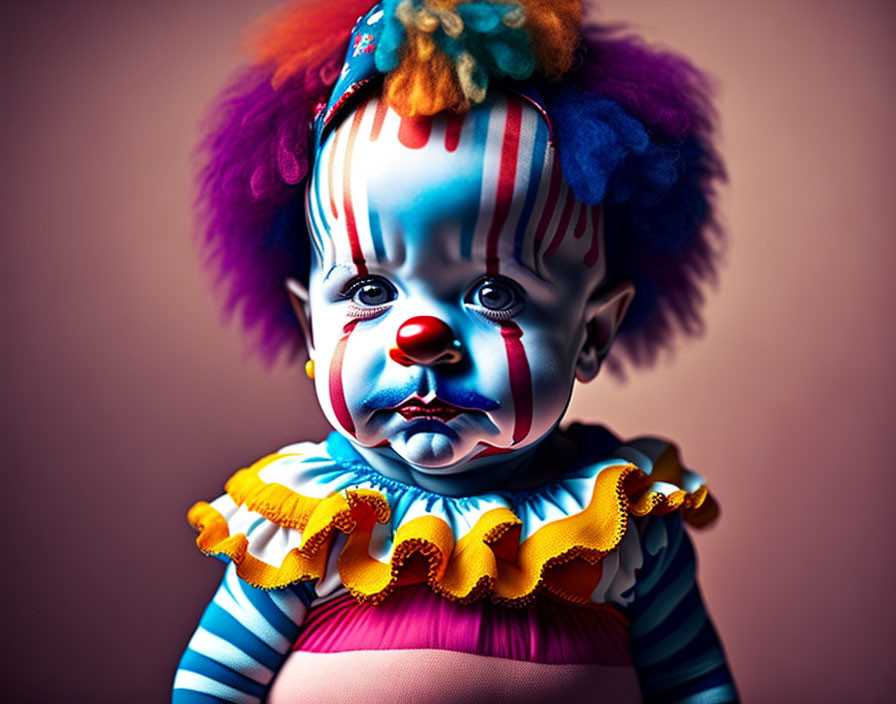 Colorful Clown Doll with Detailed Makeup and Sad Expression on Pink Background