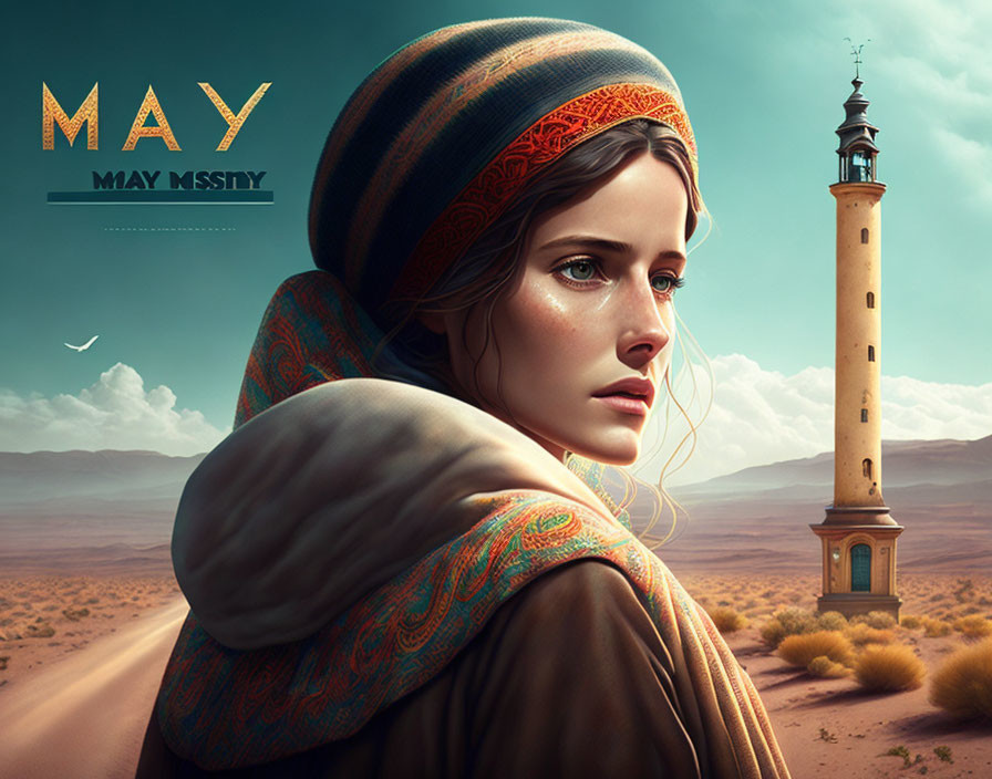 Digital artwork: Contemplative woman in headscarf amid desert with ornate patterns and minaret