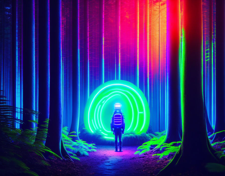 Person standing before vibrant green and blue light spiral in neon forest at night