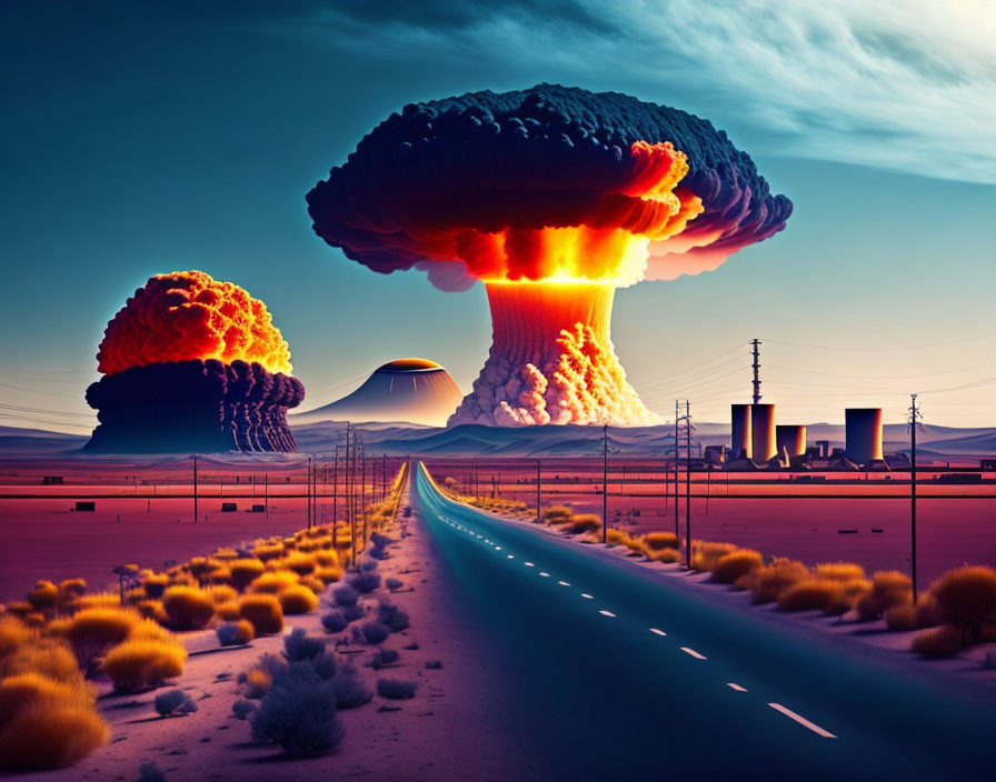 Surreal image of massive mushroom clouds over desert landscape