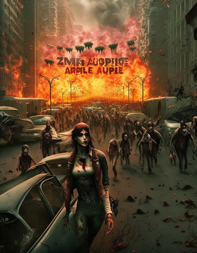 Apocalyptic scene with woman, zombies, and burning buildings.