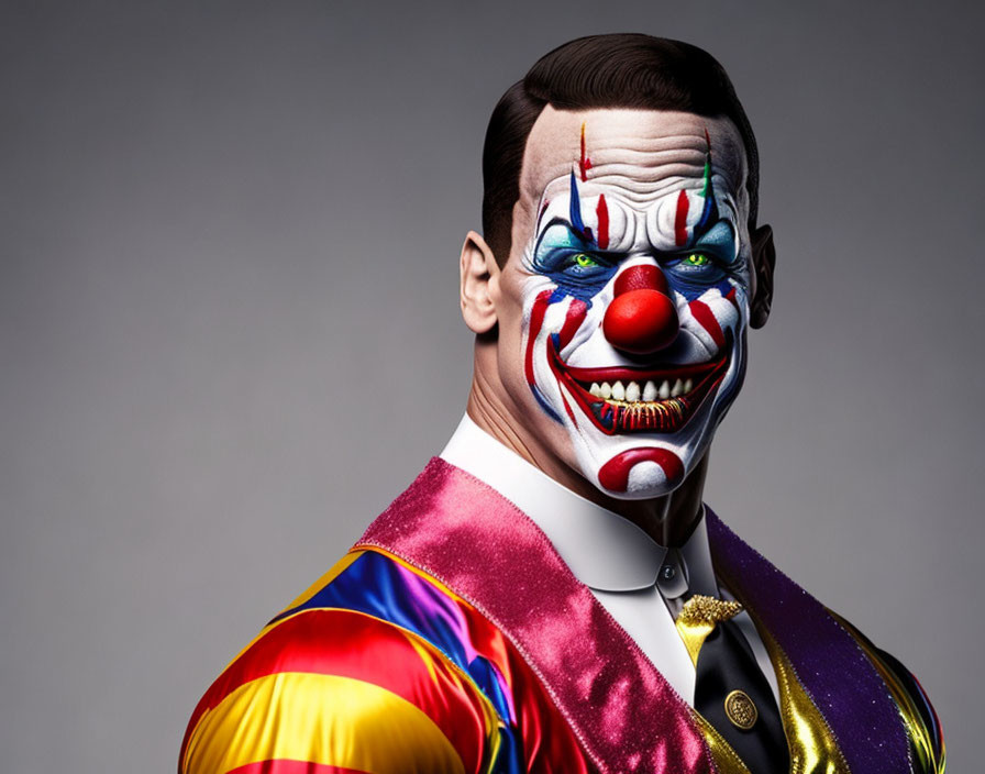 Colorful Clown with Red Nose Smiling on Grey Background